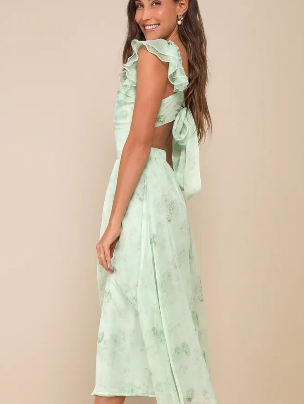 Lulus Loveliest Darling Light Green Floral Ruffle Tie-Back Midi Dress XS
